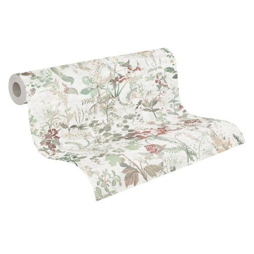 Réti vadvirágok harmonikus kompozíciója szürkésfehér zöld szürkésbézs és bogyópiros tónusok tapéta