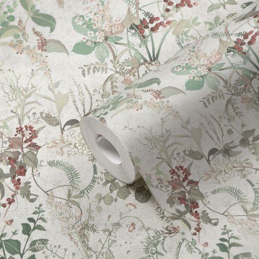 Réti vadvirágok harmonikus kompozíciója szürkésfehér zöld szürkésbézs és bogyópiros tónusok tapéta