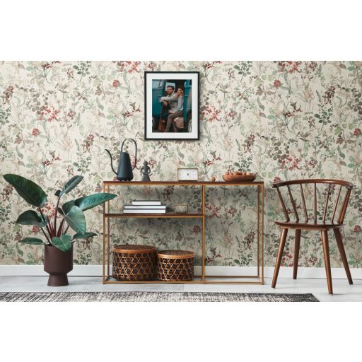 Réti vadvirágok harmonikus kompozíciója szürkésfehér zöld szürkésbézs és bogyópiros tónusok tapéta