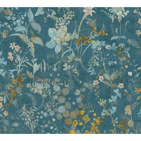 Réti vadvirágok harmonikus kompozíciója petrol kék zöld és aranysárga tónusok tapéta