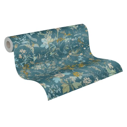 Réti vadvirágok harmonikus kompozíciója petrol kék zöld és aranysárga tónusok tapéta