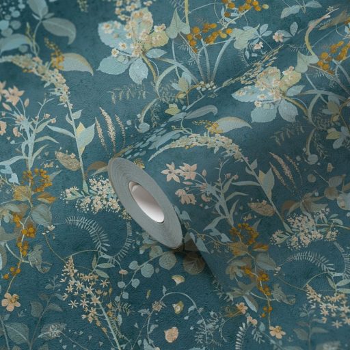 Réti vadvirágok harmonikus kompozíciója petrol kék zöld és aranysárga tónusok tapéta