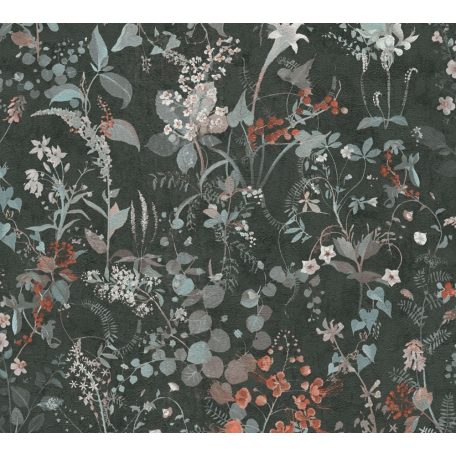 Réti vadvirágok harmonikus kompozíciója fekete zöld kék szürkésbarna és piros tónusok tapéta