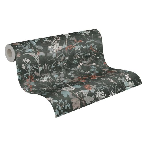 Réti vadvirágok harmonikus kompozíciója fekete zöld kék szürkésbarna és piros tónusok tapéta