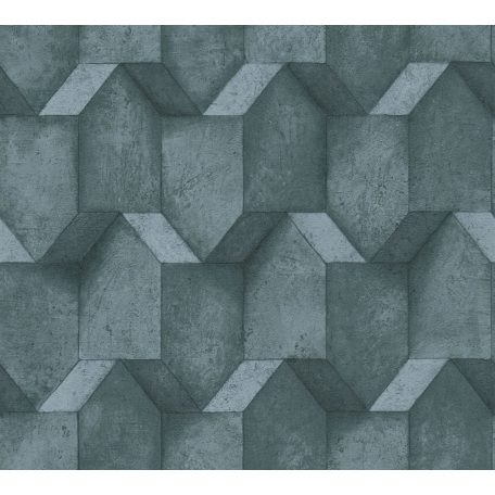 Háromdimenziós geometrikus beton hatású minta kék és szürkéskék tónusok fekete tapéta