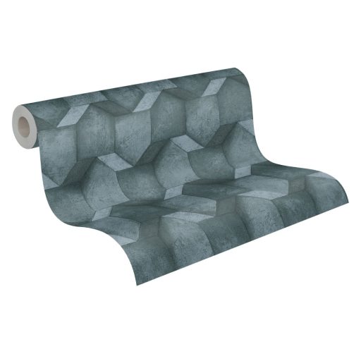 Háromdimenziós geometrikus beton hatású minta kék és szürkéskék tónusok fekete tapéta