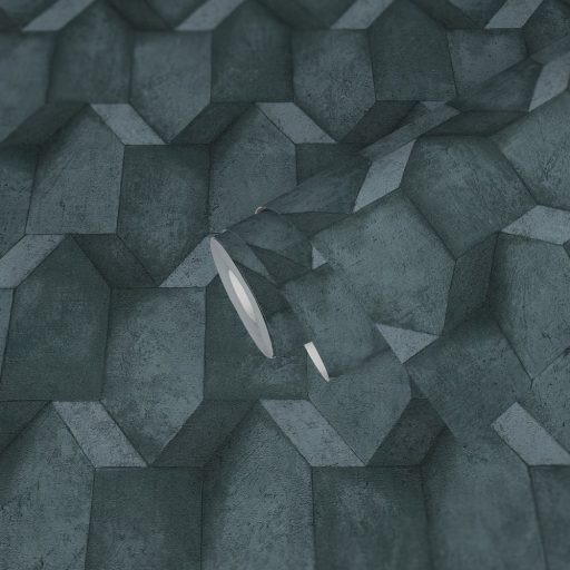 Háromdimenziós geometrikus beton hatású minta kék és szürkéskék tónusok fekete tapéta