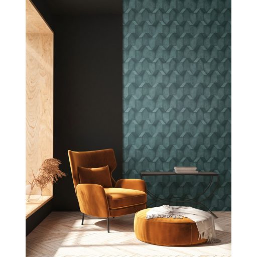 Háromdimenziós geometrikus beton hatású minta kék és szürkéskék tónusok fekete tapéta