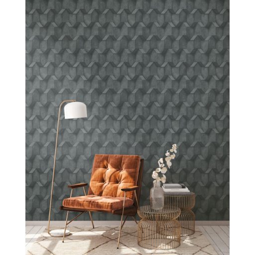 Háromdimenziós geometrikus beton hatású minta sötétszürke és antracit tónusok fekete tapéta