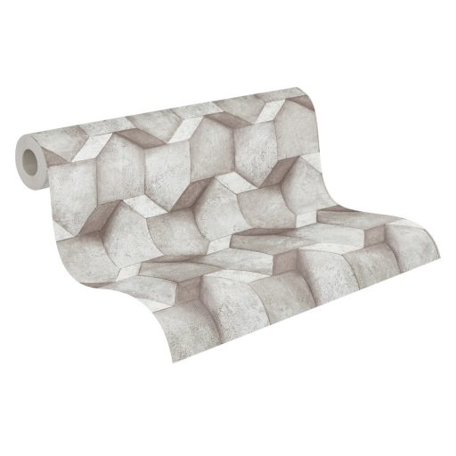 Háromdimenziós geometrikus beton hatású minta világosszürke szürke és barna tónusok tapéta