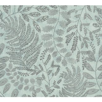   Finom kidolgozású modern levélminta mentazöld/kékeszöld tónus ezüst enyhe mintafény tapéta