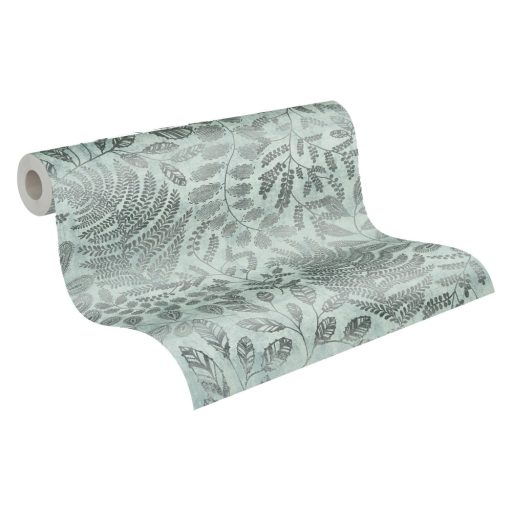 Finom kidolgozású modern levélminta mentazöld/kékeszöld tónus ezüst enyhe mintafény tapéta