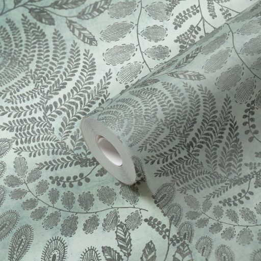 Finom kidolgozású modern levélminta mentazöld/kékeszöld tónus ezüst enyhe mintafény tapéta