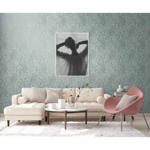 Finom kidolgozású modern levélminta mentazöld/kékeszöld tónus ezüst enyhe mintafény tapéta