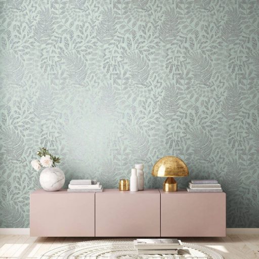 Finom kidolgozású modern levélminta mentazöld/kékeszöld tónus ezüst enyhe mintafény tapéta