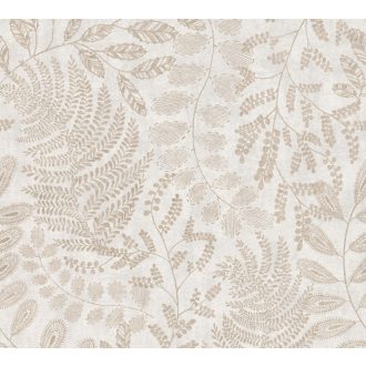   Finom kidolgozású modern levélminta törtfehér szürkésbézs és bézs tónusok enyhe mintafény tapéta