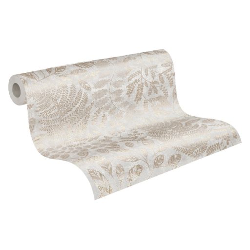 Finom kidolgozású modern levélminta törtfehér szürkésbézs és bézs tónusok enyhe mintafény tapéta