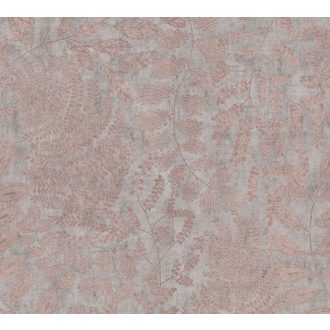   Finom kidolgozású modern levélminta szürke és sötétszürke tónus roségold/réz enyhe mintafény tapéta
