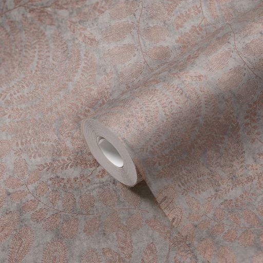 Finom kidolgozású modern levélminta szürke és sötétszürke tónus roségold/réz enyhe mintafény tapéta