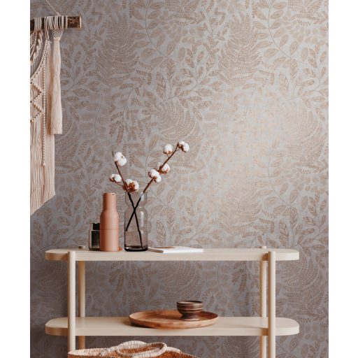 Finom kidolgozású modern levélminta szürke és sötétszürke tónus roségold/réz enyhe mintafény tapéta
