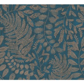   Finom kidolgozású modern levélminta petrolkék és bronzbarna tónusok enyhe mintafény tapéta