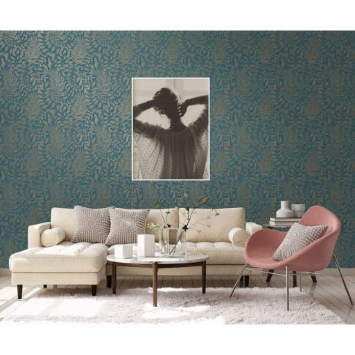 Finom kidolgozású modern levélminta petrolkék és bronzbarna tónusok enyhe mintafény tapéta