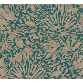   Dús vegetáció - markáns levélmintázat zöld és rézszín tónusok határozott mintafény tapéta