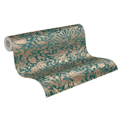 Dús vegetáció - markáns levélmintázat zöld és rézszín tónusok határozott mintafény tapéta