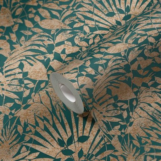 Dús vegetáció - markáns levélmintázat zöld és rézszín tónusok határozott mintafény tapéta