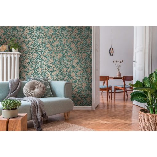 Dús vegetáció - markáns levélmintázat zöld és rézszín tónusok határozott mintafény tapéta