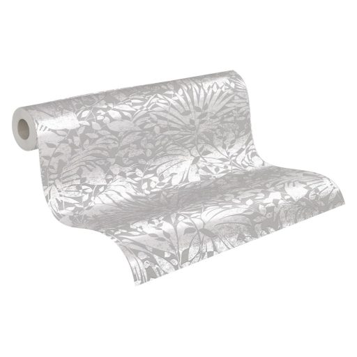 Dús vegetáció - markáns levélmintázat szürke és ezüst tónusok határozott mintafény tapéta