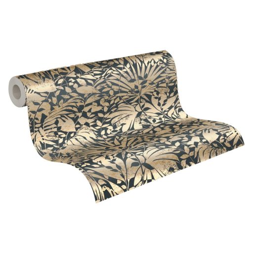 Dús vegetáció - markáns levélmintázat fekete és arany tónusok határozott mintafény tapéta