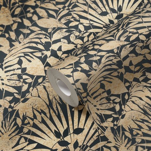 Dús vegetáció - markáns levélmintázat fekete és arany tónusok határozott mintafény tapéta