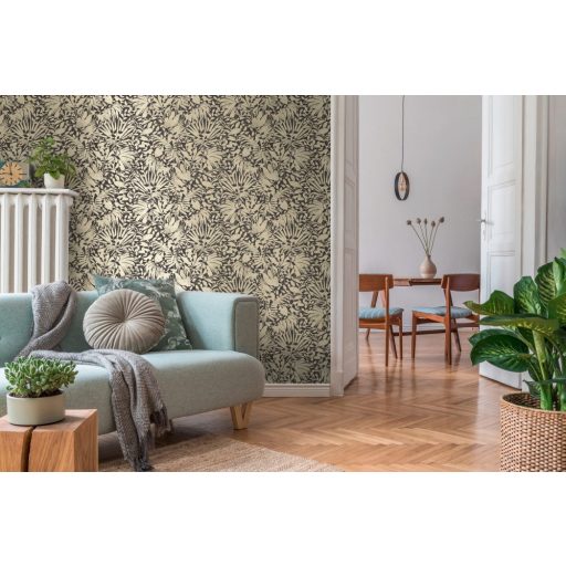 Dús vegetáció - markáns levélmintázat fekete és arany tónusok határozott mintafény tapéta