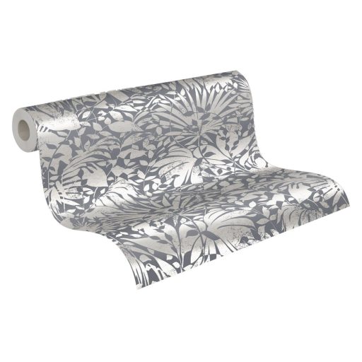 Dús vegetáció - markáns levélmintázat grafitszürke és ezüst tónusok határozott mintafény tapéta