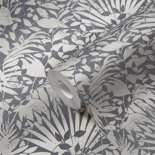 Dús vegetáció - markáns levélmintázat grafitszürke és ezüst tónusok határozott mintafény tapéta