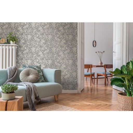 Dús vegetáció - markáns levélmintázat grafitszürke és ezüst tónusok határozott mintafény tapéta