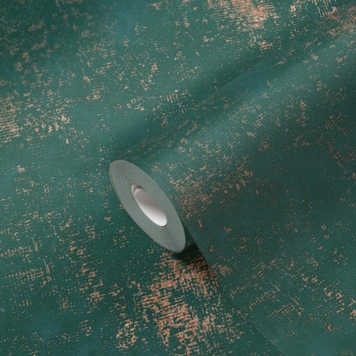 Strukturált koptatott vakolathatású minta zöld tónus arany fémes mintafény tapéta