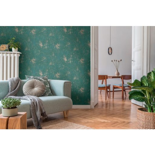 Strukturált koptatott vakolathatású minta zöld tónus arany fémes mintafény tapéta