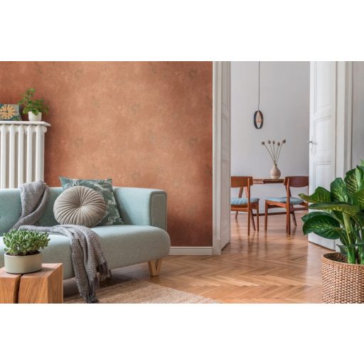 Strukturált koptatott vakolathatású minta terrakotta tónus réz fémes mintafény tapéta