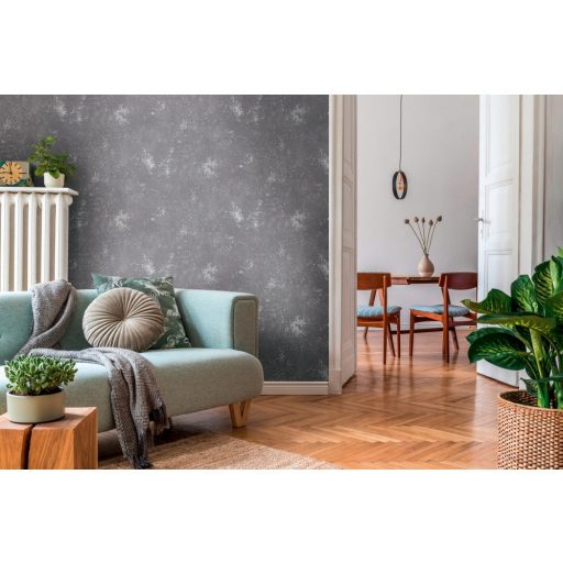 Strukturált koptatott vakolathatású minta szürke/sötétszürke tónus ezüst fémes mintafény tapéta