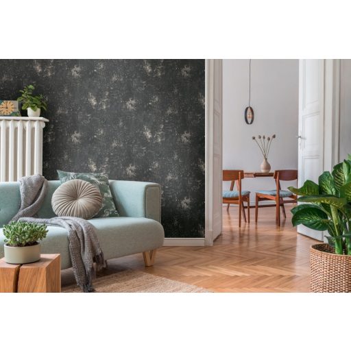 Strukturált koptatott vakolathatású minta antracit/fekete tónus arany fémes mintafény tapéta