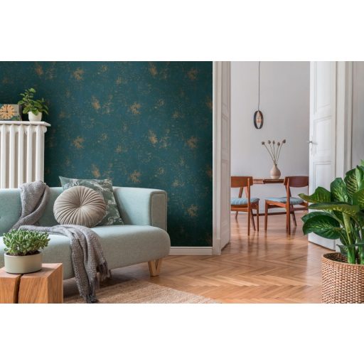 Strukturált koptatott vakolathatású minta petrolkék tónus bronz fémes mintafény tapéta