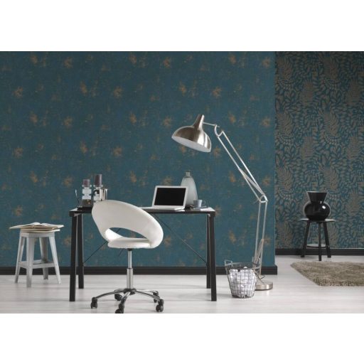 Strukturált koptatott vakolathatású minta petrolkék tónus bronz fémes mintafény tapéta