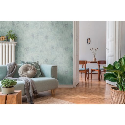 Strukturált koptatott vakolathatású minta mentazöld tónus ezüst fémes mintafény tapéta