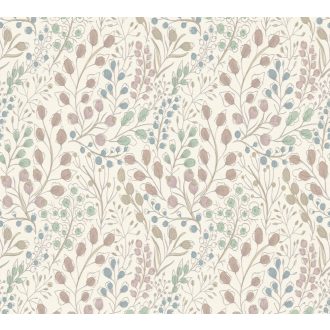   Harmonikus elrendezésű ágak levelek virágok mintája krém bézs rózsaszín kék zöld és szürke tónus fémes hatás tapéta