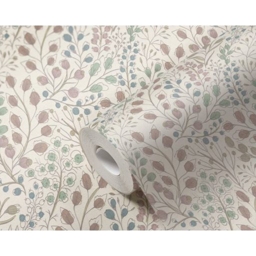 Harmonikus elrendezésű ágak levelek virágok mintája krém bézs rózsaszín kék zöld és szürke tónus fémes hatás tapéta