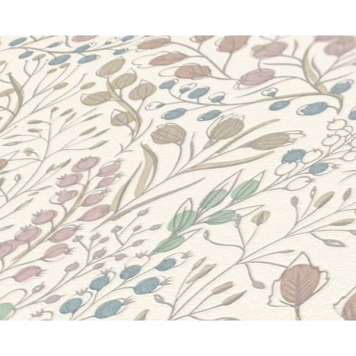 Harmonikus elrendezésű ágak levelek virágok mintája krém bézs rózsaszín kék zöld és szürke tónus fémes hatás tapéta