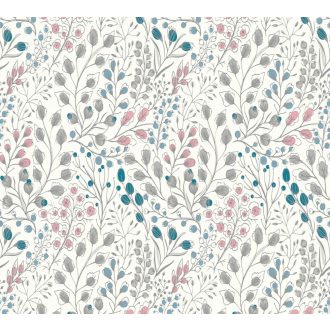   Harmonikus elrendezésű ágak levelek virágok mintája fehér rózsaszín kék zöld és ezüstszürke tónus fémes hatás tapéta