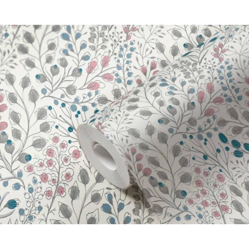 Harmonikus elrendezésű ágak levelek virágok mintája fehér rózsaszín kék zöld és ezüstszürke tónus fémes hatás tapéta